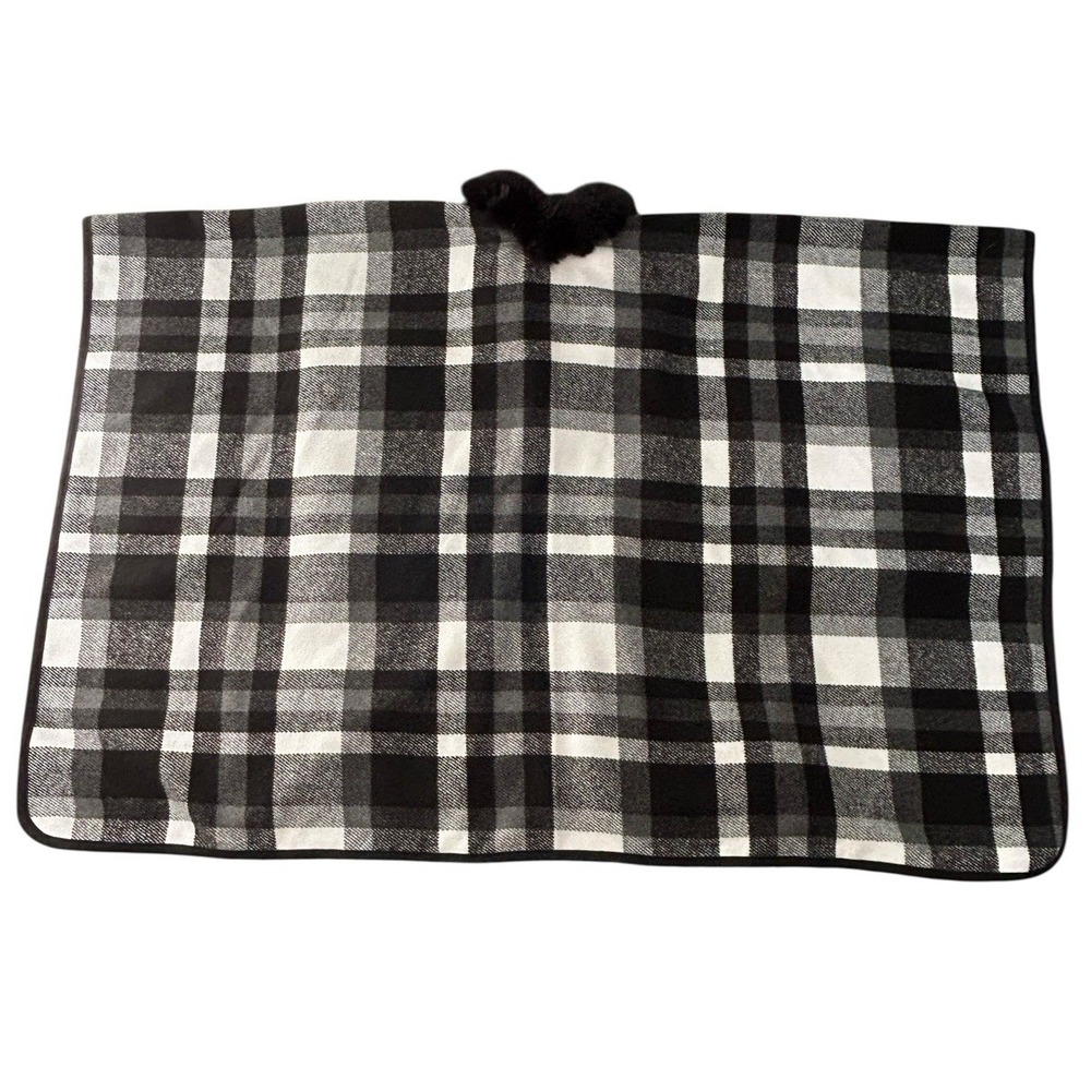 Black White Plaid Faux Fur Collar Single Button Closure Shawl Womens One Size - Picture 7 of 11